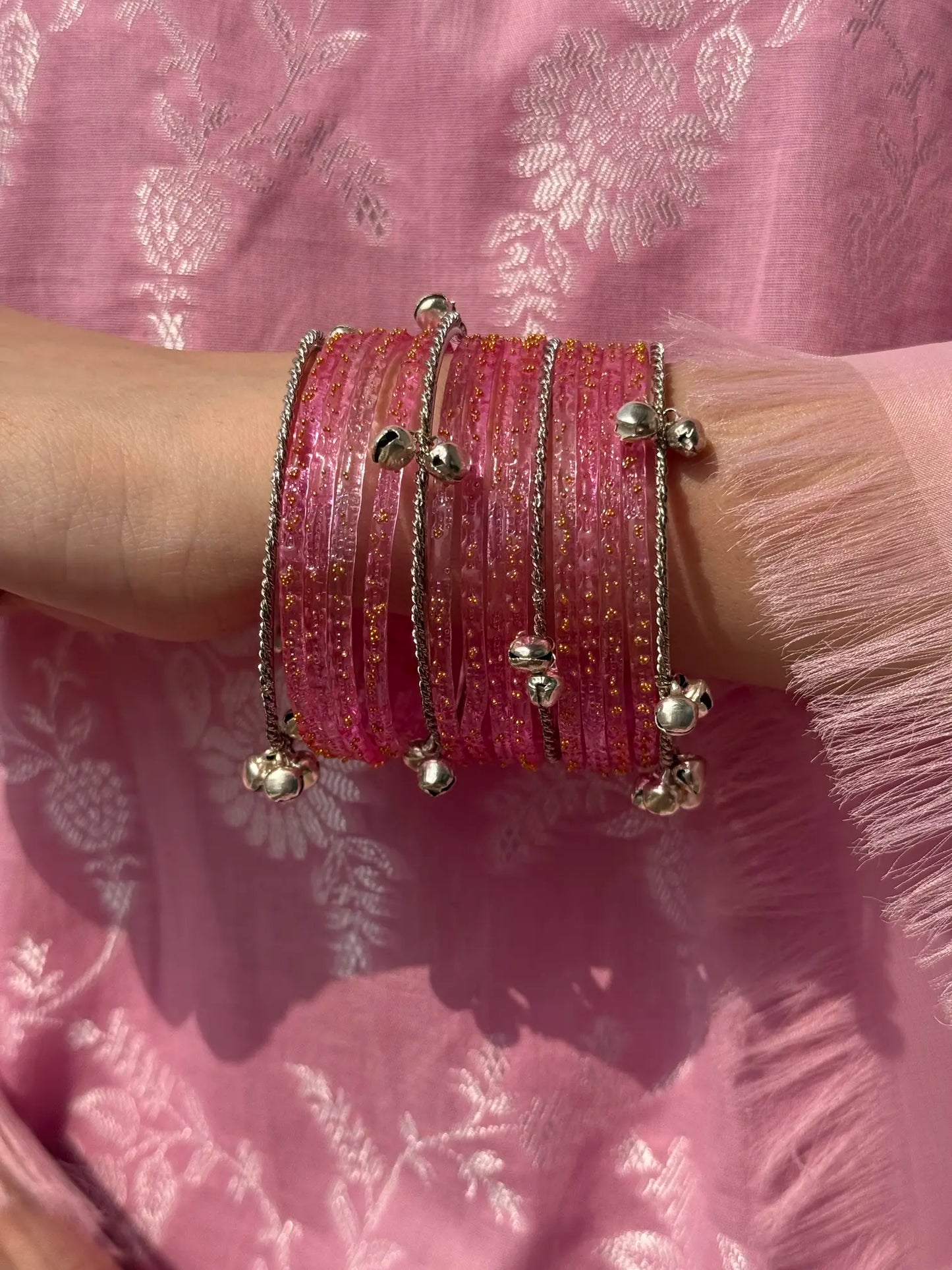 Pastel Pink glass bangle set with Kashmiri churiyan