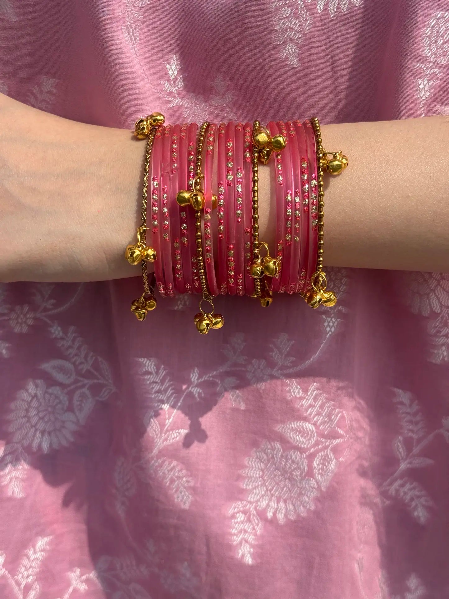 Coral pink glass bangle set with Kashmiri churiyan