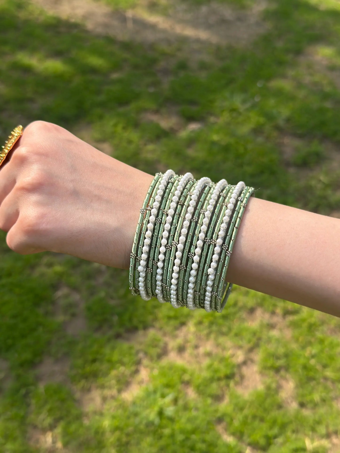 Sea Green and Pearls bangle set