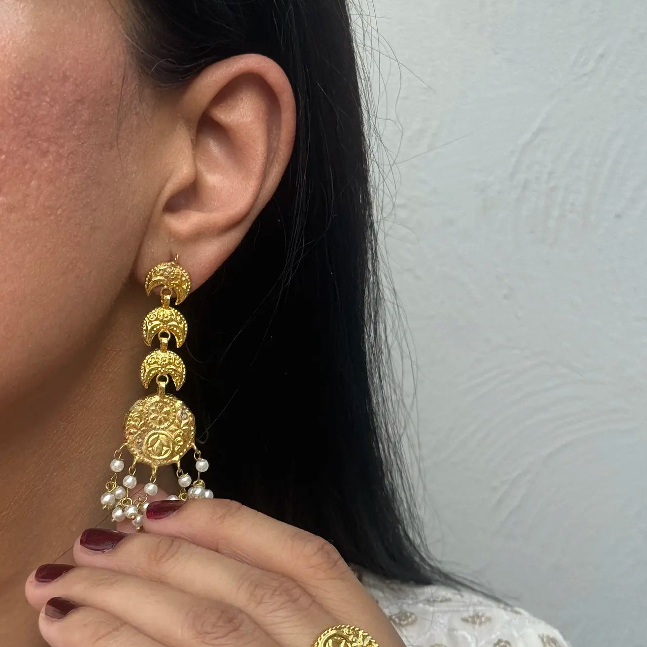 Maahi Chand antique gold chandbali earrings with intricate filigree detailing, crescent moon design.