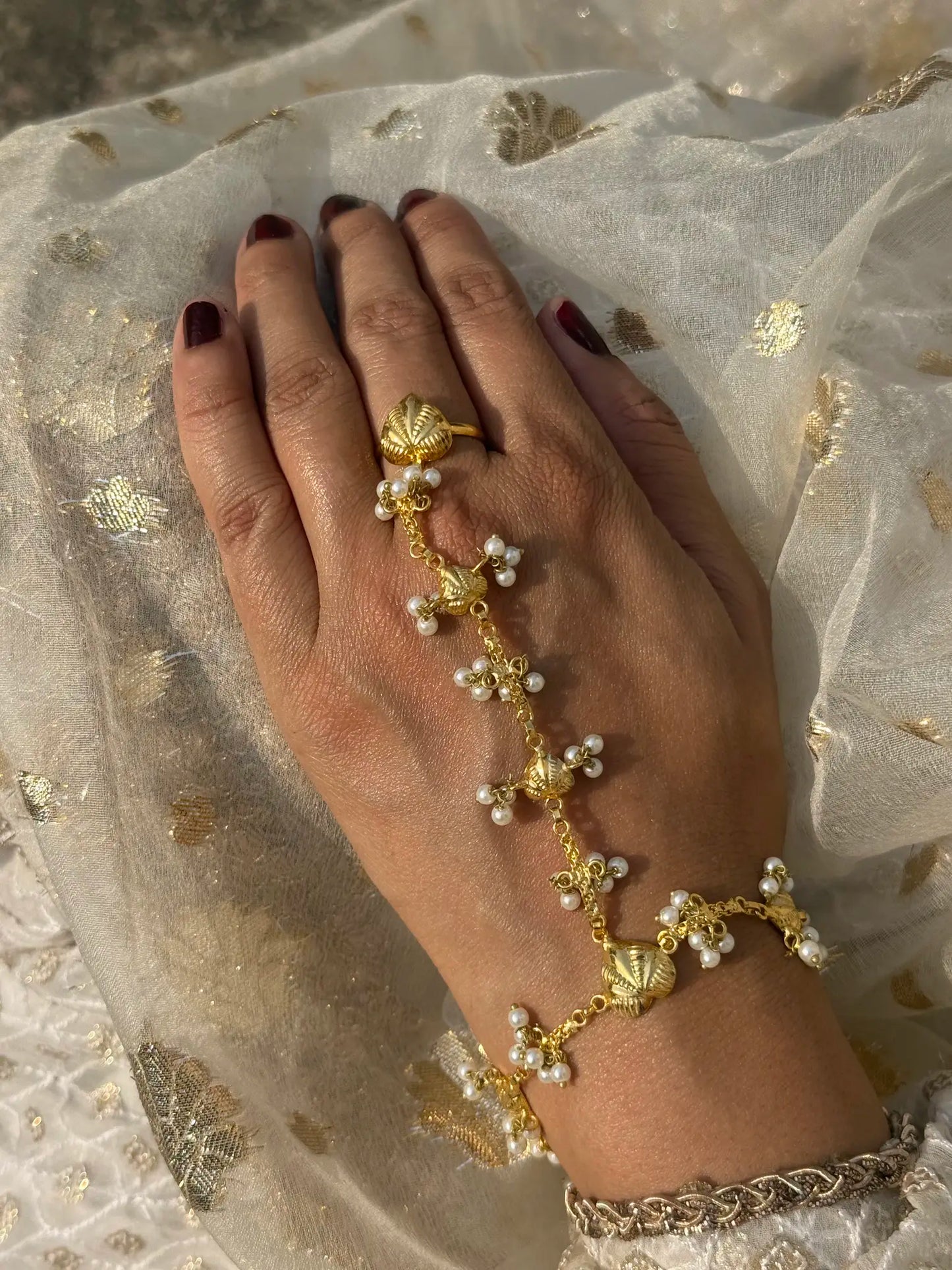 Almas antique gold angla hand harness with intricate traditional detailing