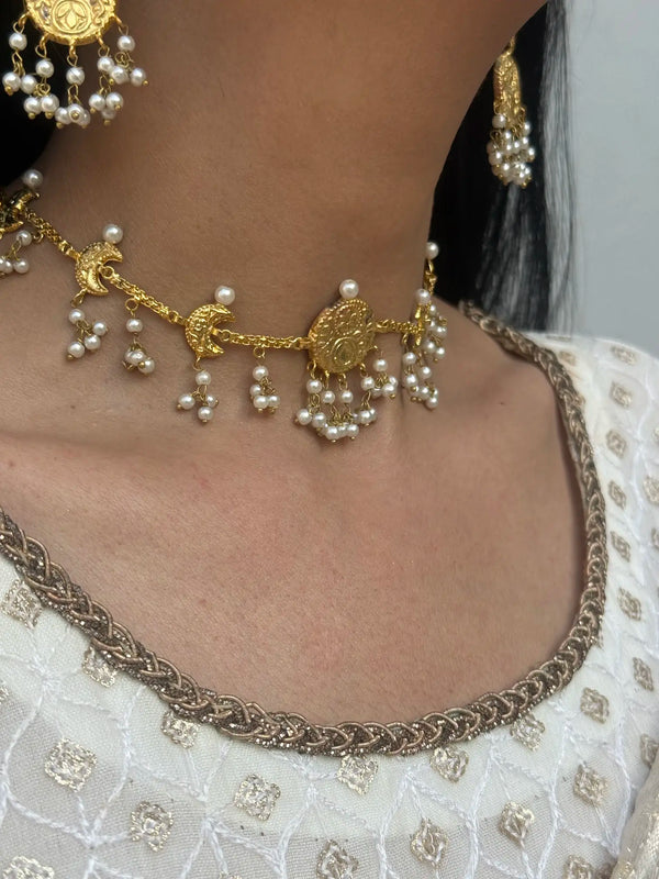Maahi pearl drop choker necklace with antique gold detailing