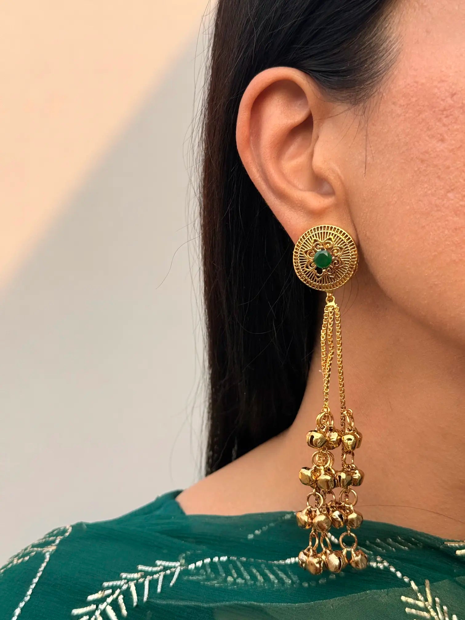 Emerald green Kashmiri jhumka earrings for weddings and festive wear