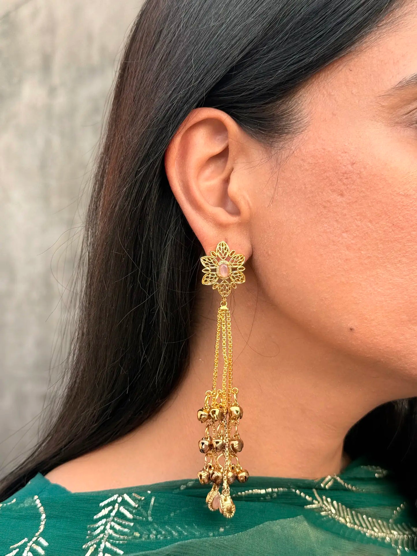 Close-up of Gul-e-Lala Kashmiri jhumka earrings showcasing intricate ethnic detailing