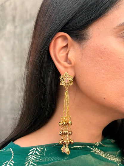 Close-up of Gul-e-Lala Kashmiri jhumka earrings showcasing intricate ethnic detailing