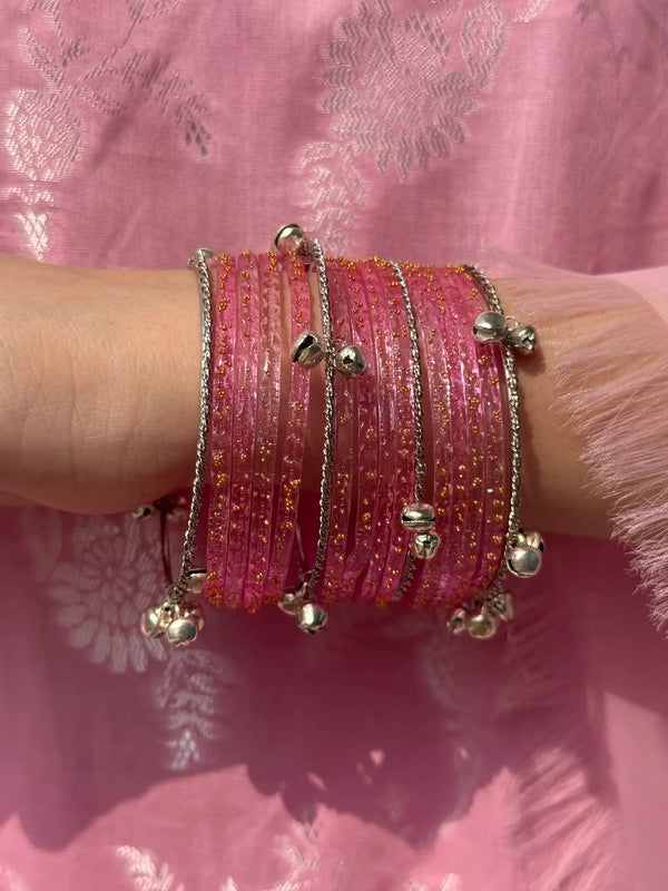 Pastel Pink glass bangle set with Kashmiri churiyan