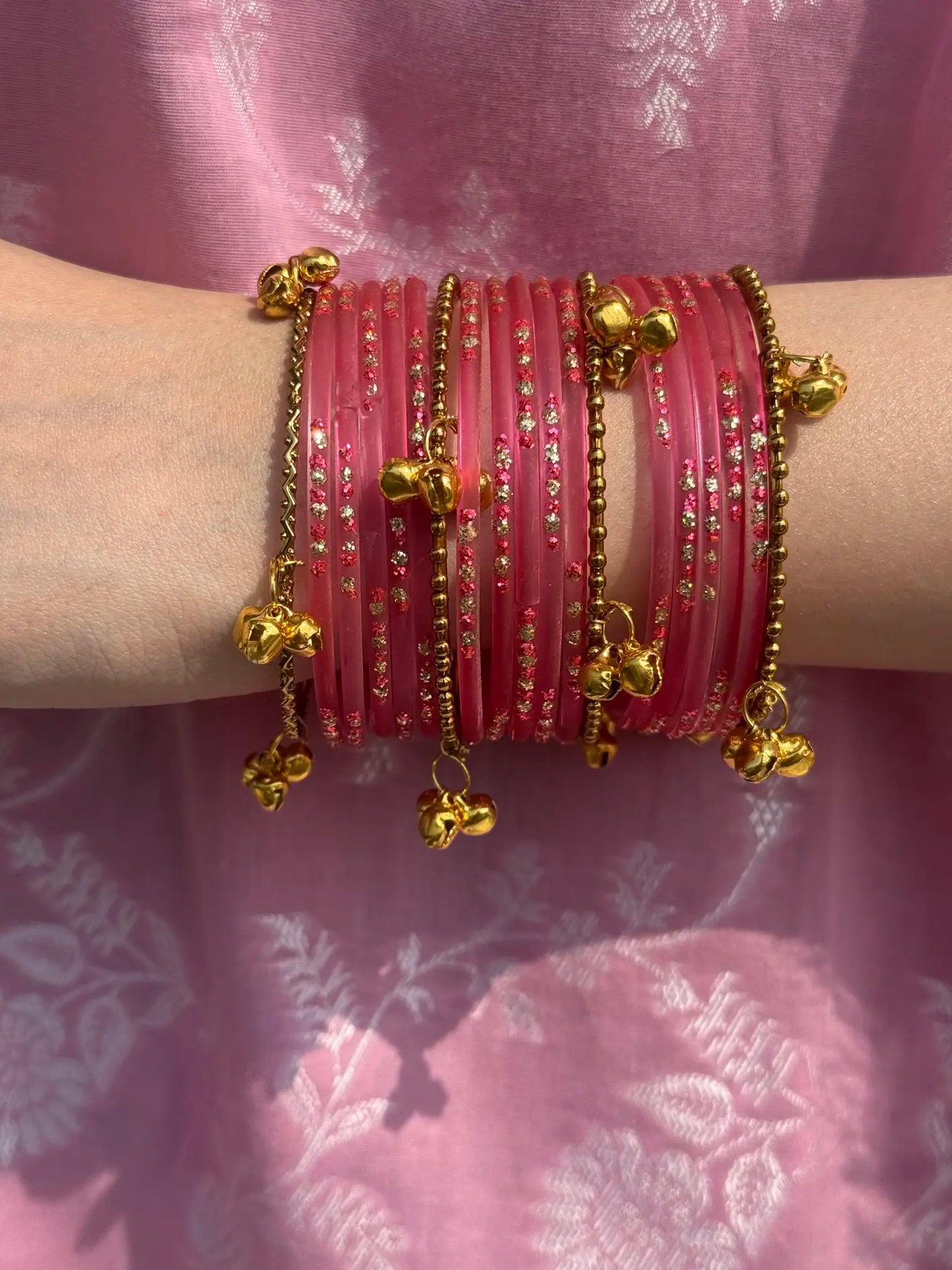 Coral pink glass bangle set with Kashmiri churiyan