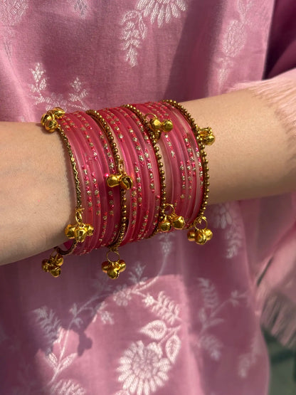 Coral pink glass bangle set with Kashmiri churiyan