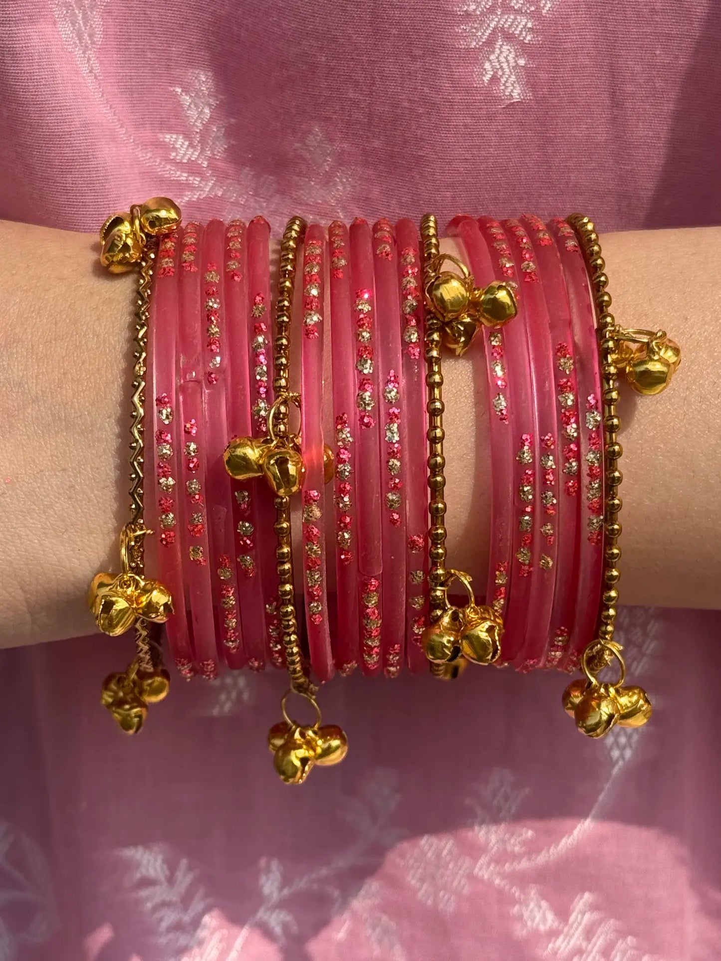Coral pink glass bangle set with Kashmiri churiyan