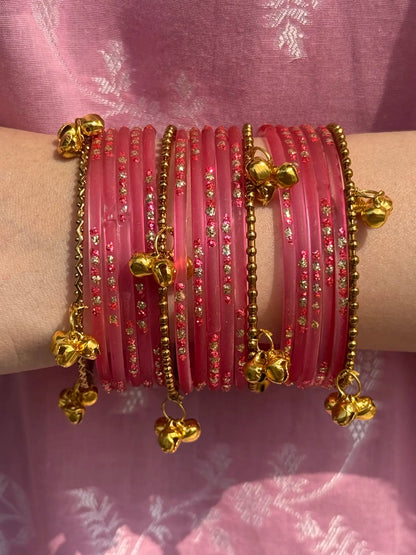 Coral pink glass bangle set with Kashmiri churiyan