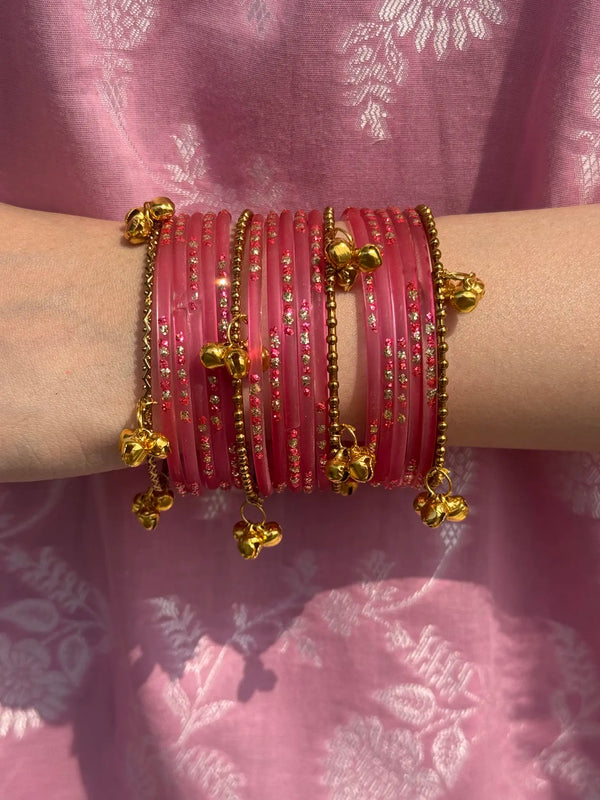 Coral pink glass bangle set with Kashmiri churiyan