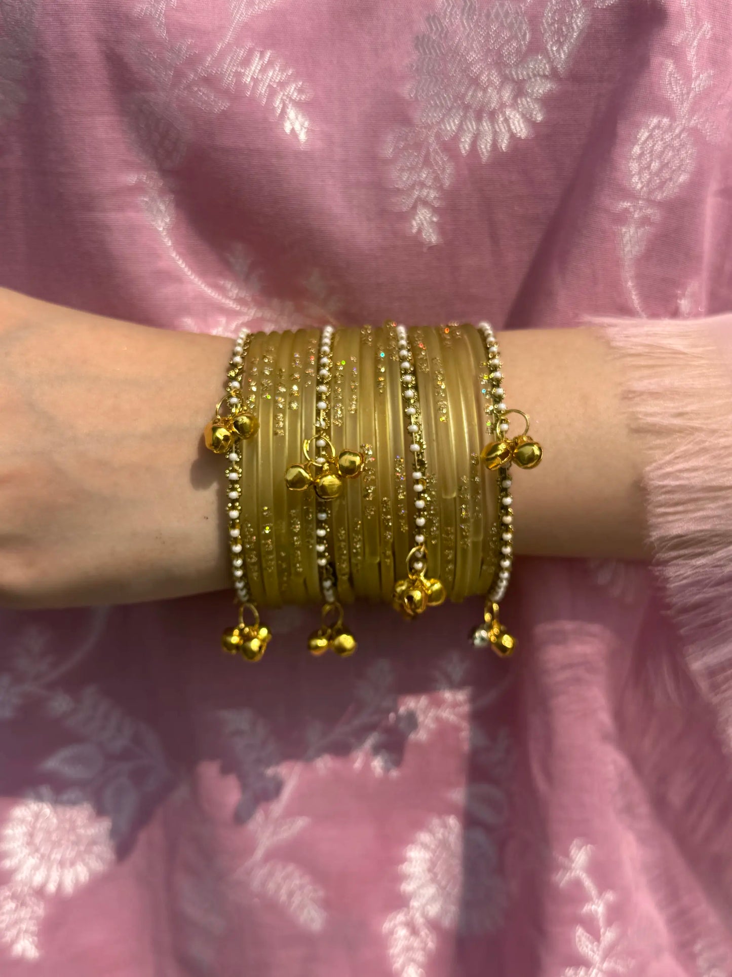 Olive Yellow Glass bangles with kashmiri churiyan