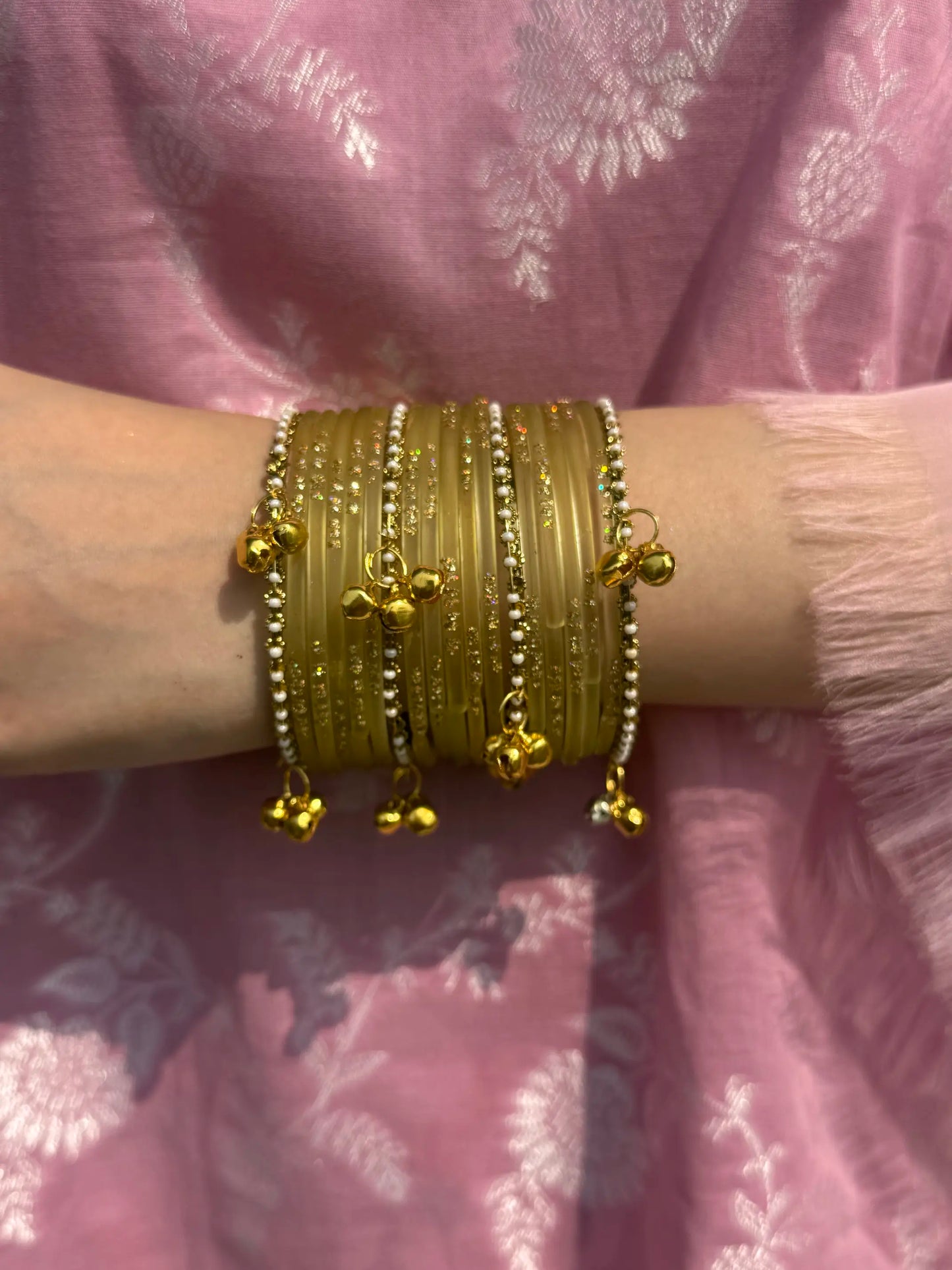 Olive Yellow Glass bangles with kashmiri churiyan