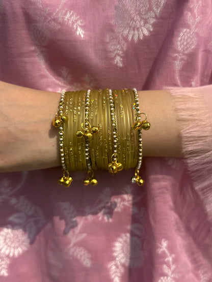 Olive Yellow Glass bangles with kashmiri churiyan