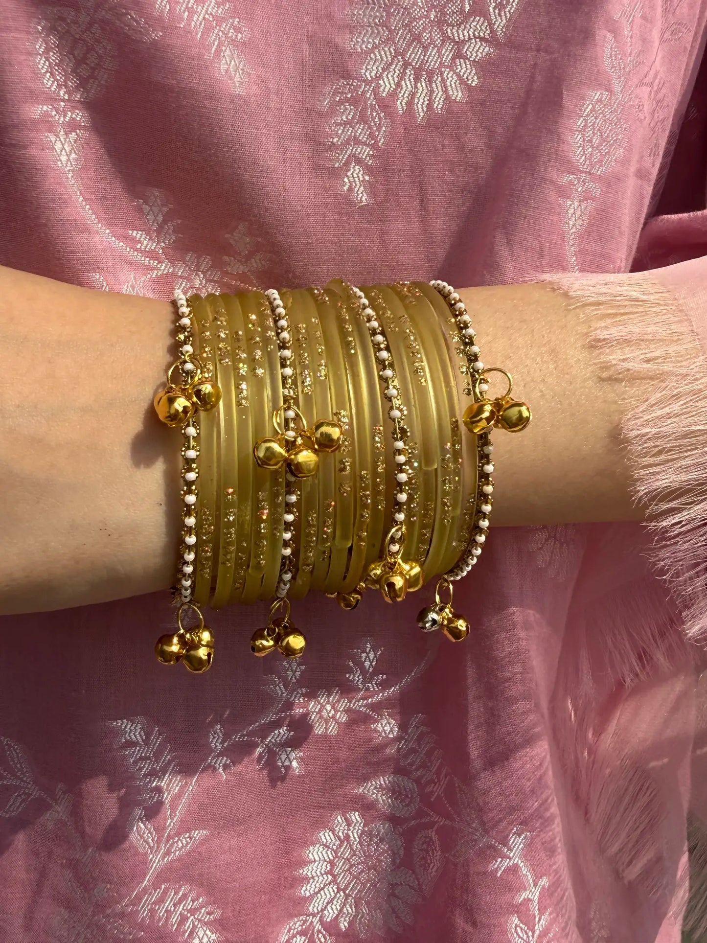 Olive Yellow Glass bangles with kashmiri churiyan
