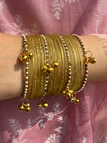 Olive Yellow Glass bangles with kashmiri churiyan
