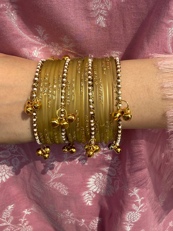 Olive Yellow Glass bangles with kashmiri churiyan