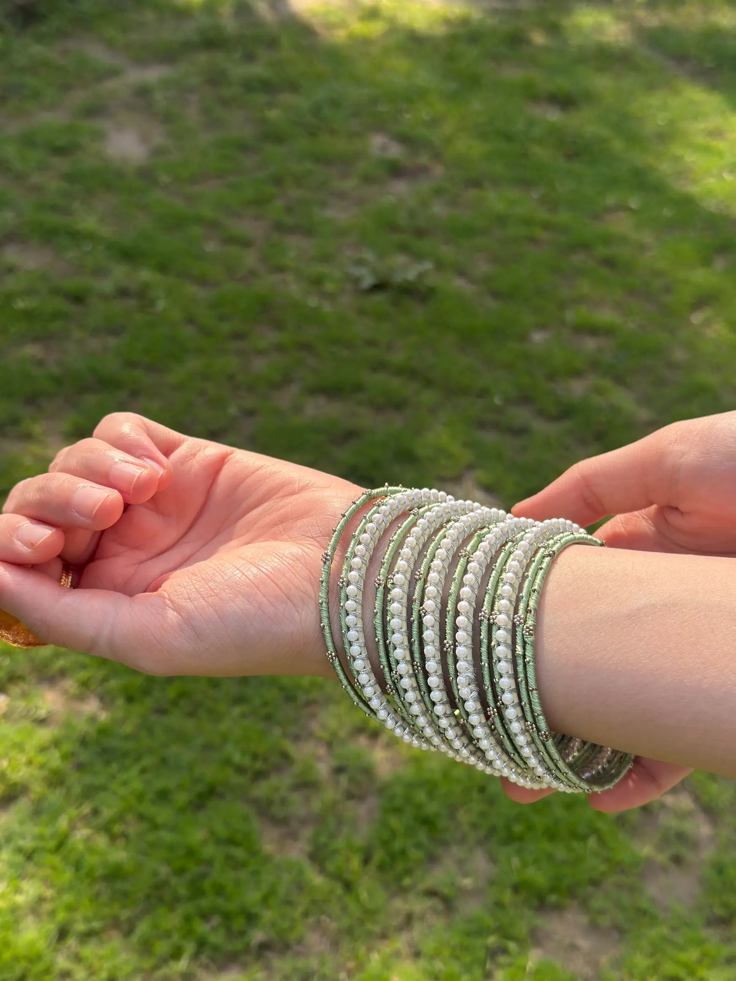 Sea Green and Pearls bangle set