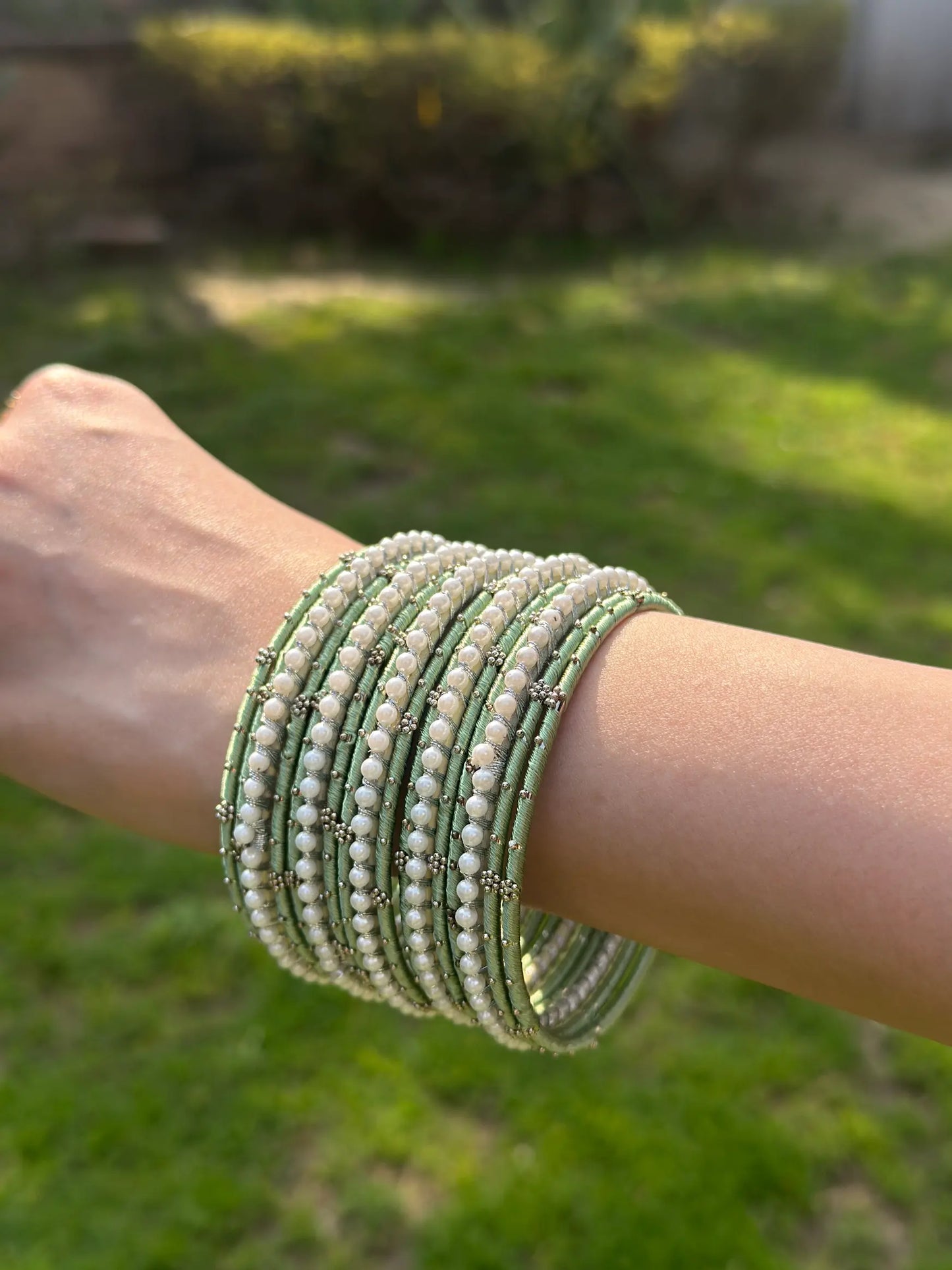 Sea Green and Pearls bangle set