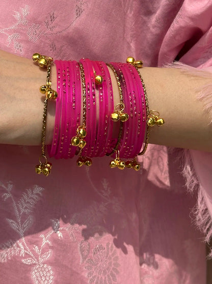 Fuchsia Pink glass bangle set with Kashmiri churiyan