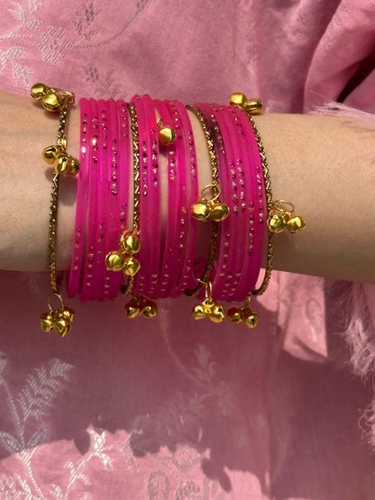 Fuchsia Pink glass bangle set with Kashmiri churiyan