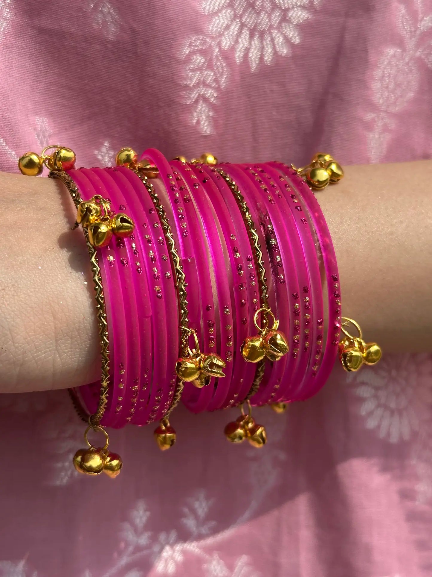 Fuchsia Pink glass bangle set with Kashmiri churiyan