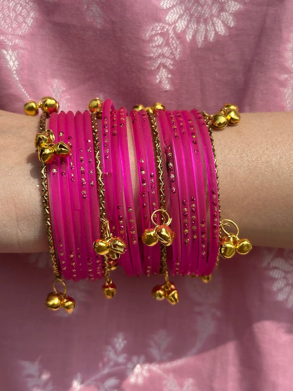Fuchsia Pink glass bangle set with Kashmiri churiyan