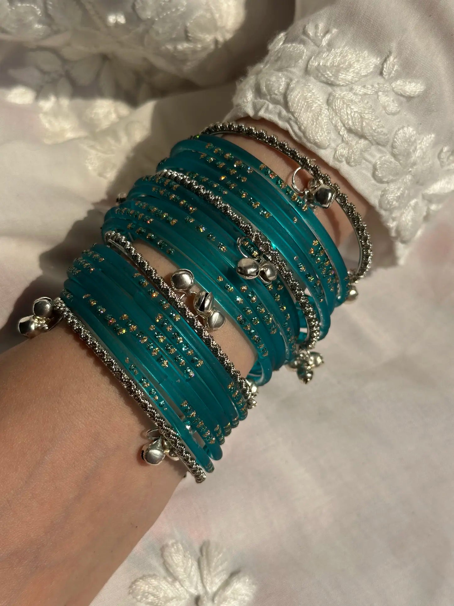 Sea Green Glass bangle set with Kashmiri churiyan