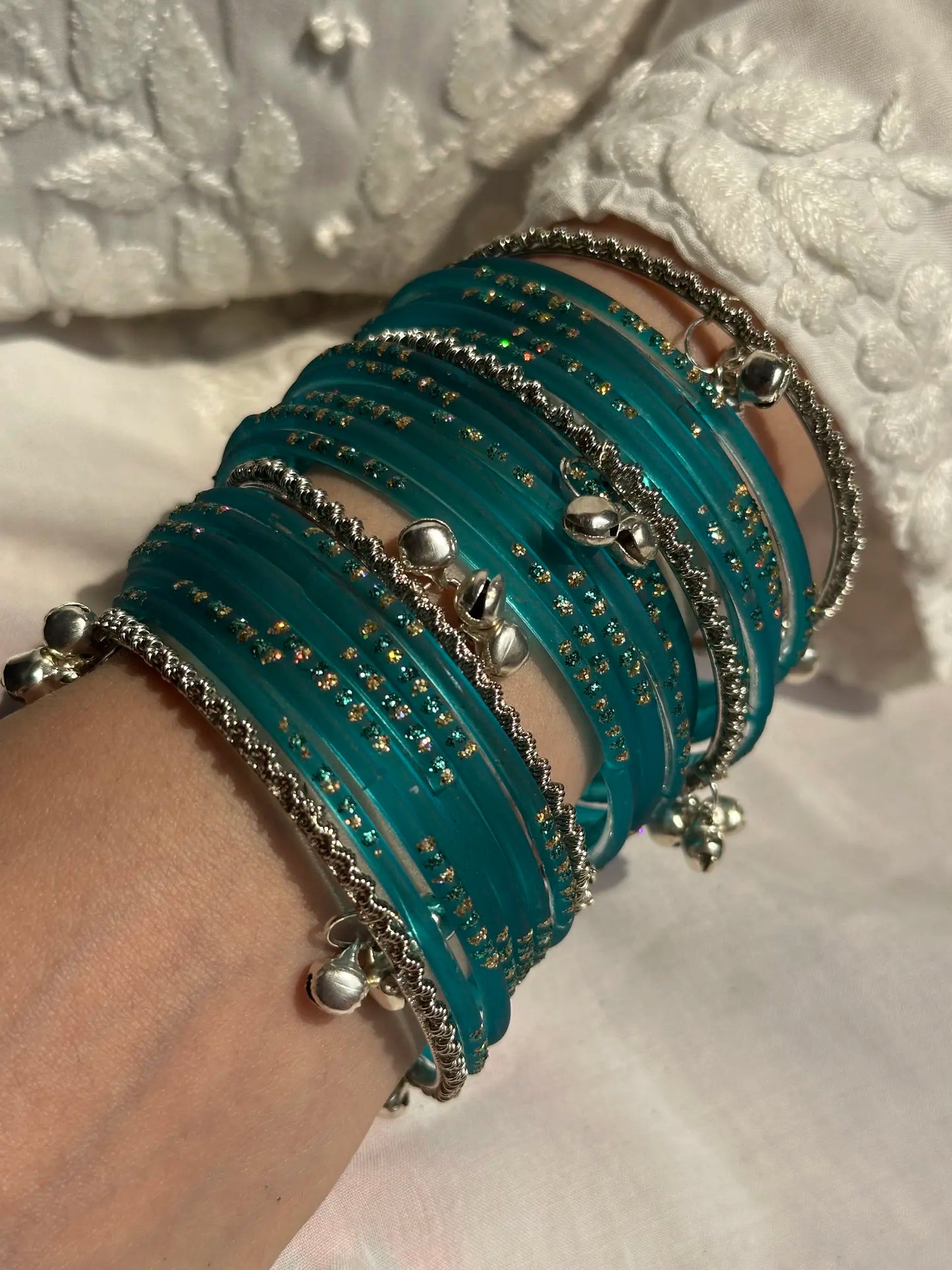 Sea Green Glass bangle set with Kashmiri churiyan