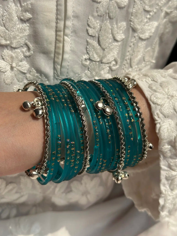 Sea Green Glass bangle set with Kashmiri churiyan