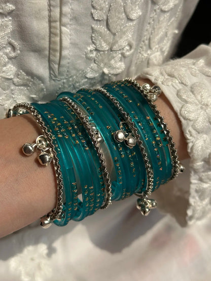 Sea Green Glass bangle set with Kashmiri churiyan