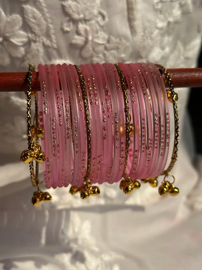 Soft Pink glass bangle set with Kashmiri churiyan