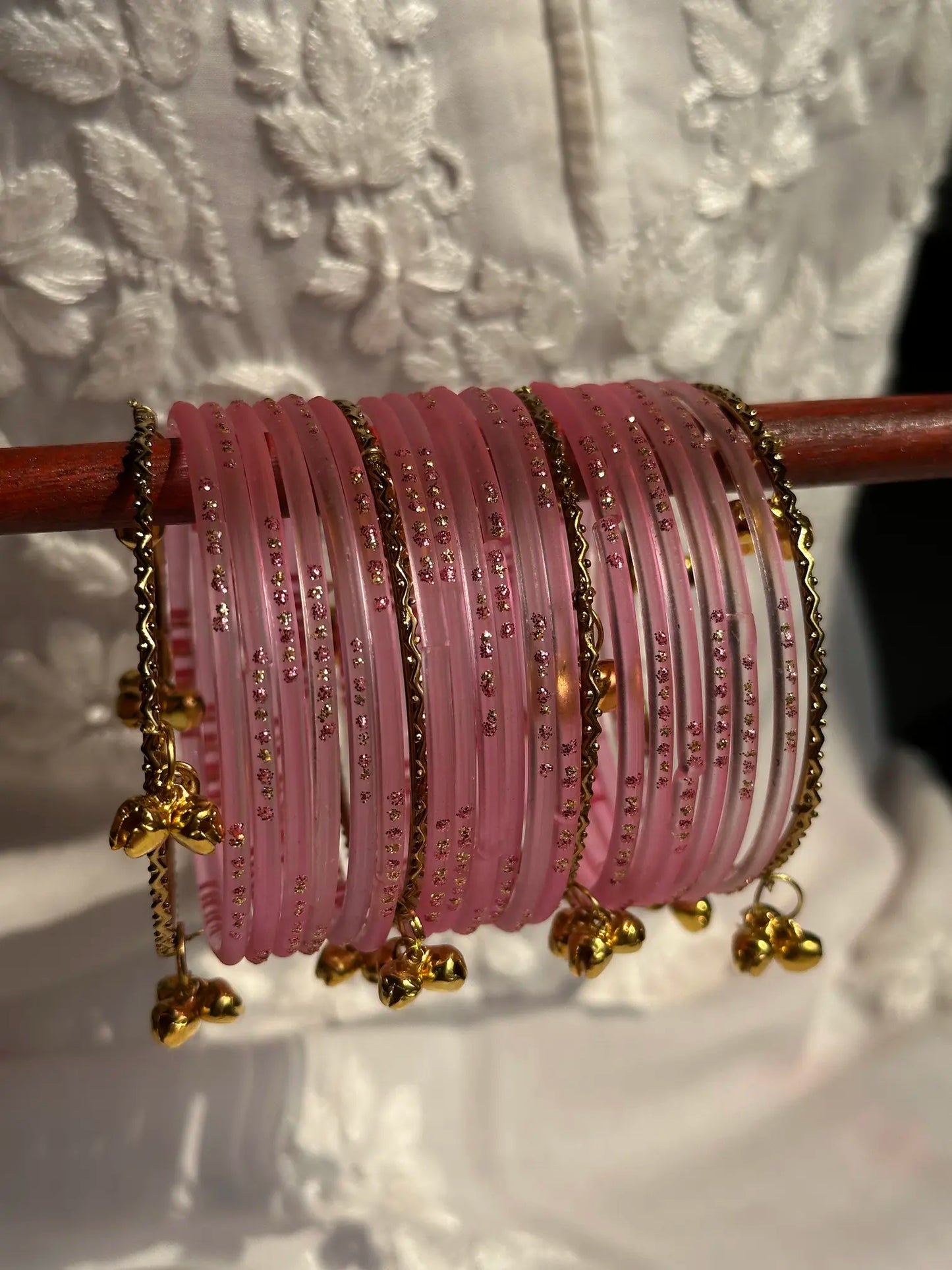 Soft Pink glass bangle set with Kashmiri churiyan