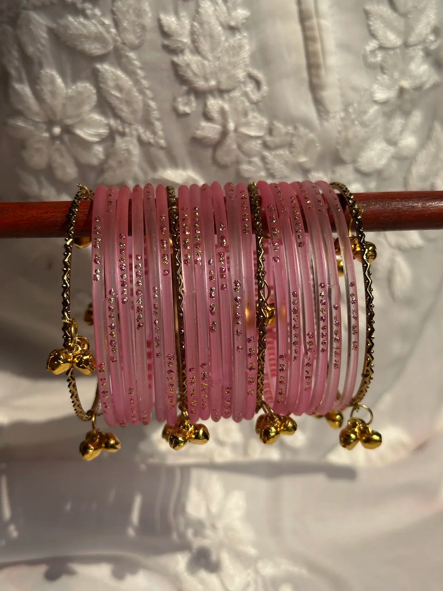 Soft Pink glass bangle set with Kashmiri churiyan