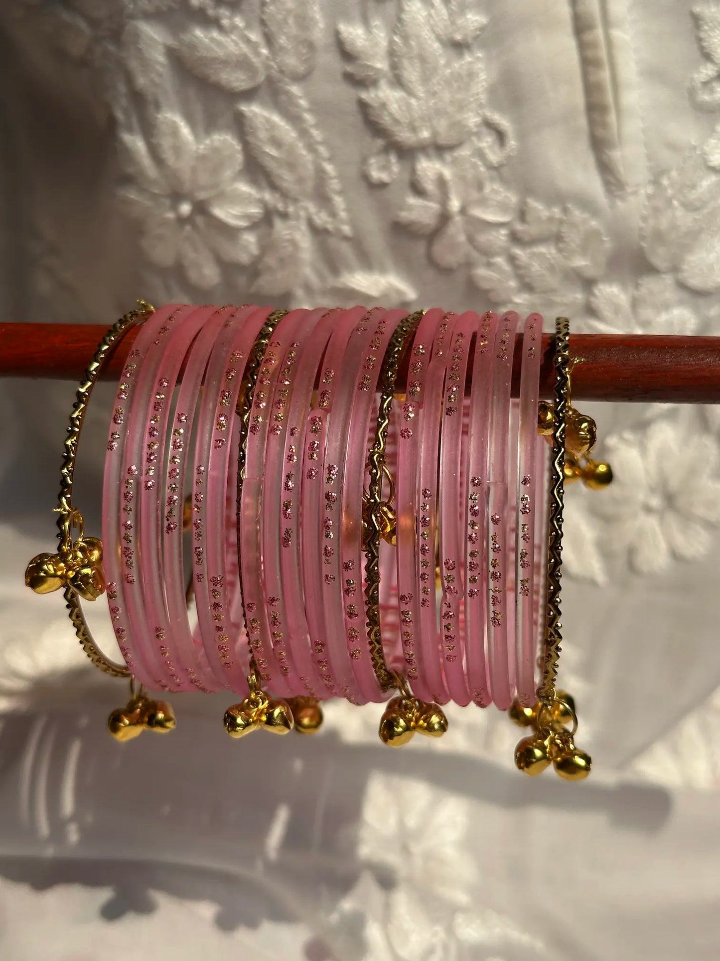 Soft Pink glass bangle set with Kashmiri churiyan
