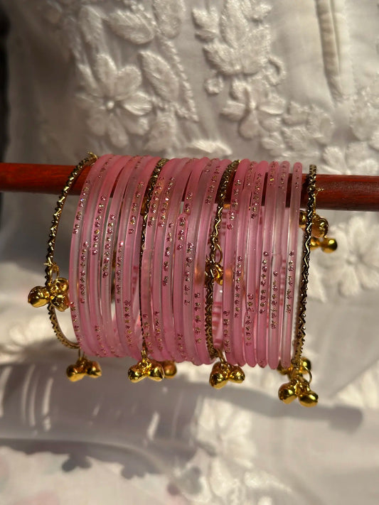 Soft Pink glass bangle set with Kashmiri churiyan