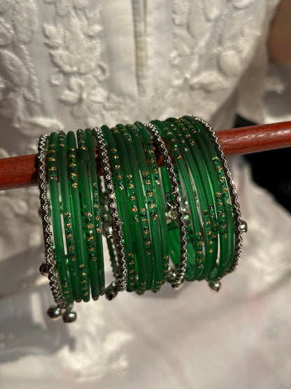 Dark green Glass bangle set with Kashmiri churiyan