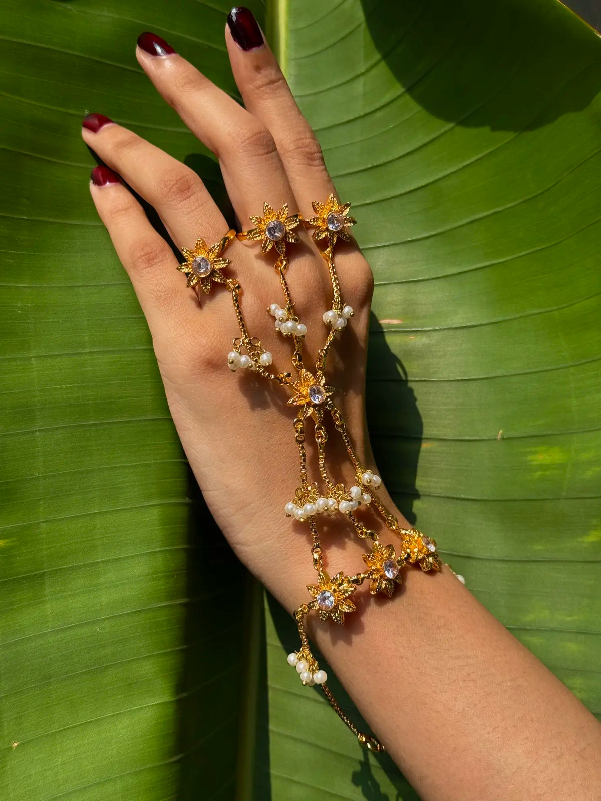 Singhar Zircon Angla  3-Finger Adjustable Pakistani Hand Jewelry
