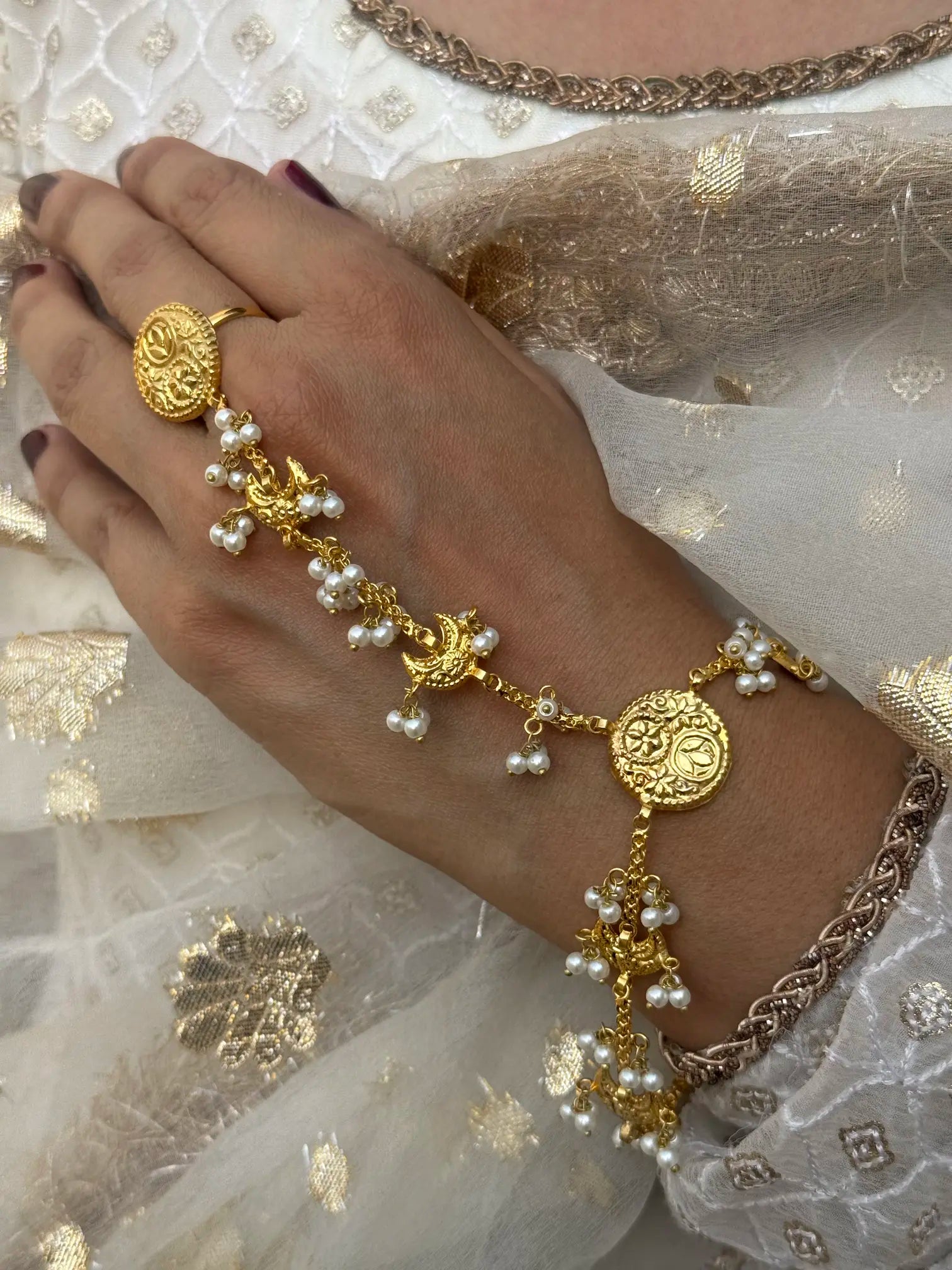 Maahi chand angla hand harness jewelry with antique gold finish