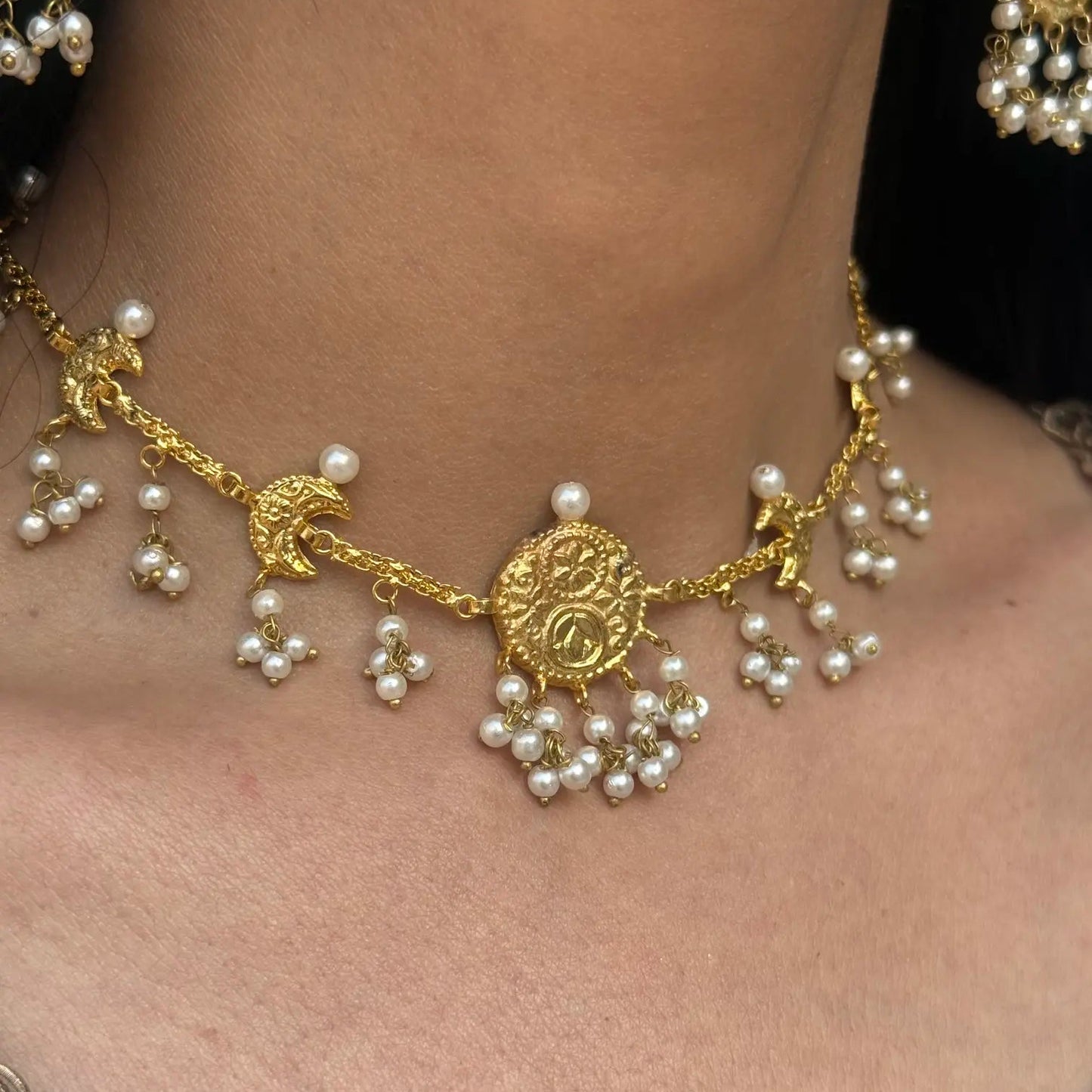 Maahi pearl drop choker necklace with antique gold detailing