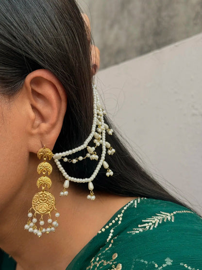 Model wearing Mahi Chand bridal saharay earrings styled for Pakistani wedding look