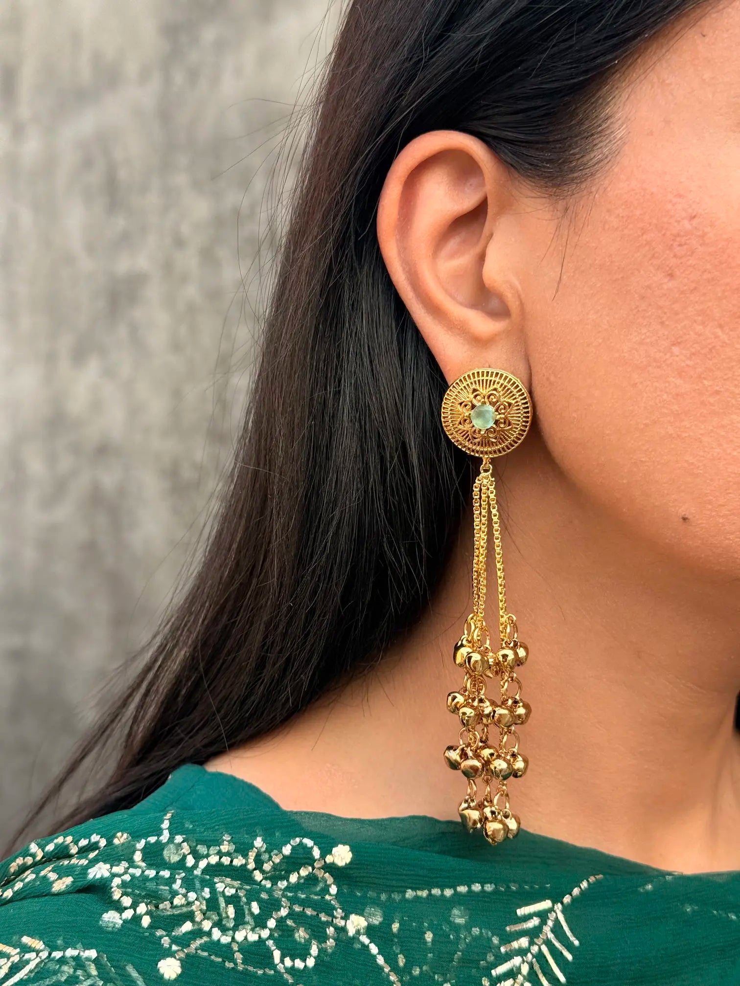 Side view of Meharzadi Kashmiri jhumka earrings with classic Pakistani craftsmanship