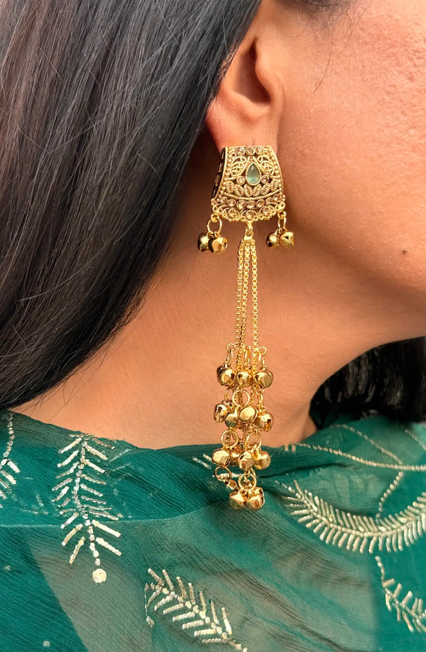 Mint green Kashmiri jhumka earrings with traditional Pakistani handcrafted design