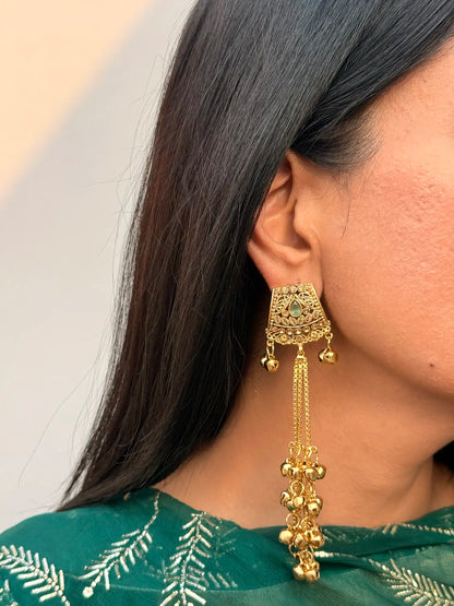 Mint green Pakistani jhumka earrings featuring detailed Kashmiri craftsmanship