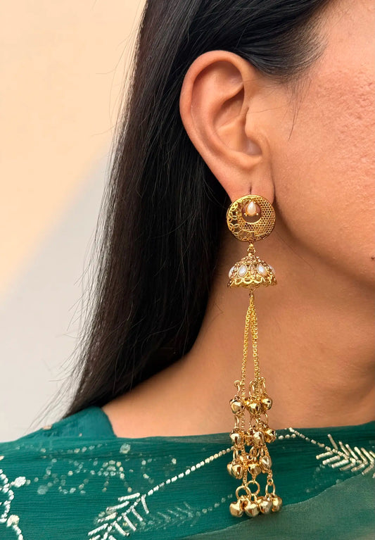 Pearl Kashmiri jhumka earrings with traditional Pakistani handcrafted design
