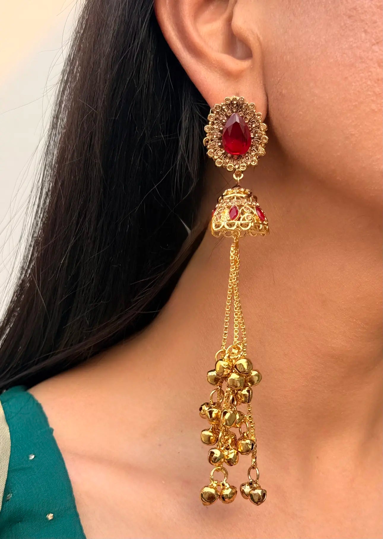 Ruby Kashmiri jhumka earrings with traditional Pakistani handcrafted design