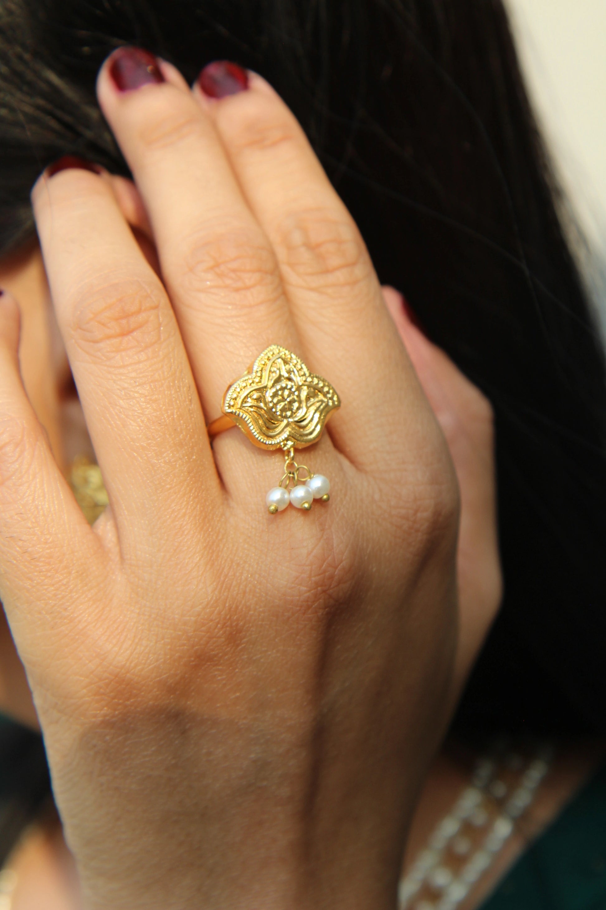 Close-up of Shaheena pearl ring showing detailed craftsmanship and pearl detailing