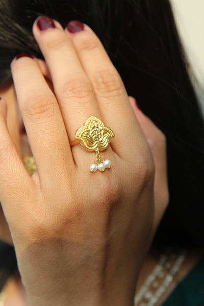 Close-up of Shaheena pearl ring showing detailed craftsmanship and pearl detailing