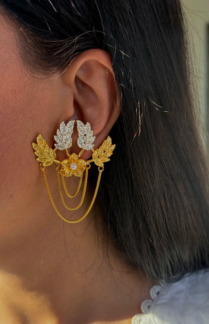 Shehnaz gold and silver chain earrings close-up