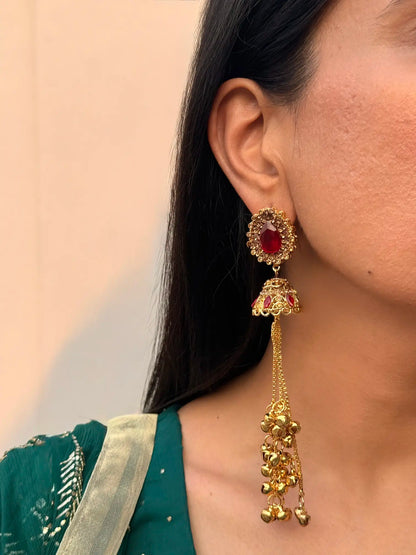 Traditional Ruby Kashmiri jhumka earrings with elegant ethnic craftsmanship